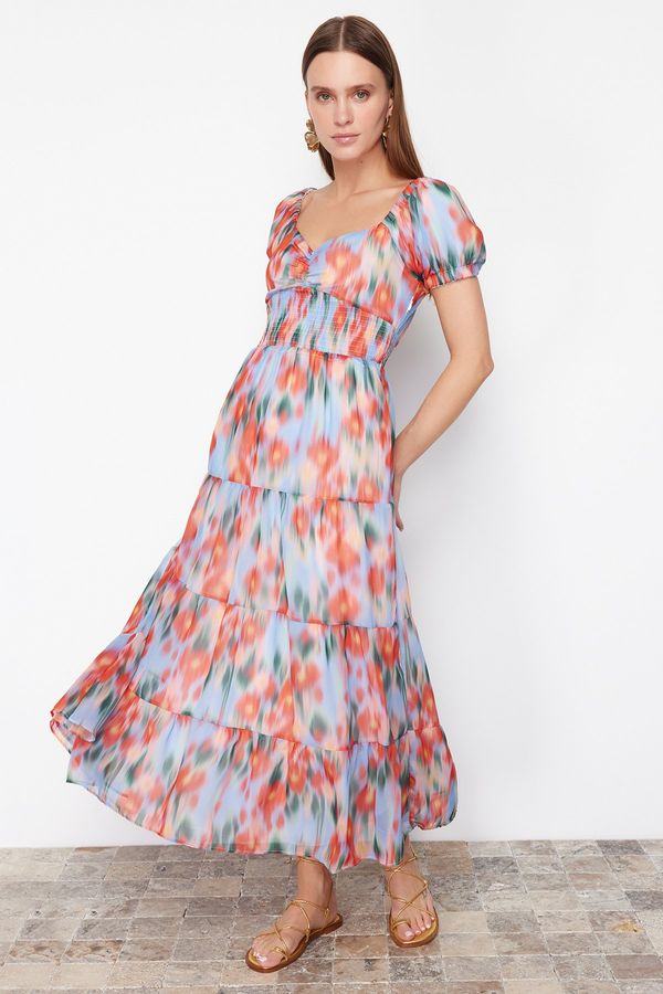 Trendyol Trendyol Blue Floral Patterned A-Line Gipe Detailed Maxi Lined Chiffon Woven Dress