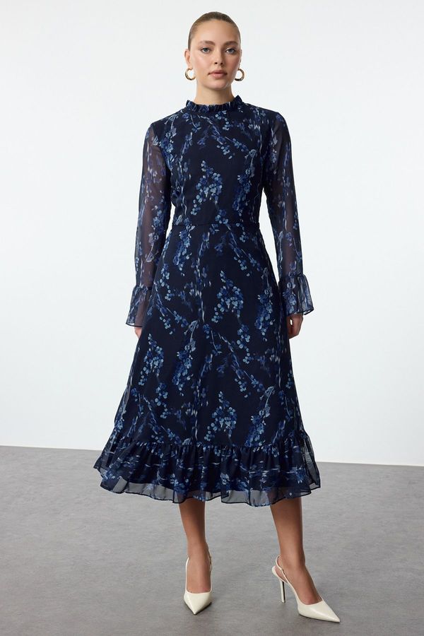 Trendyol Trendyol Blue Floral Patterned A-Line Stand Collar Midi Lined Chiffon Woven Winter Dress