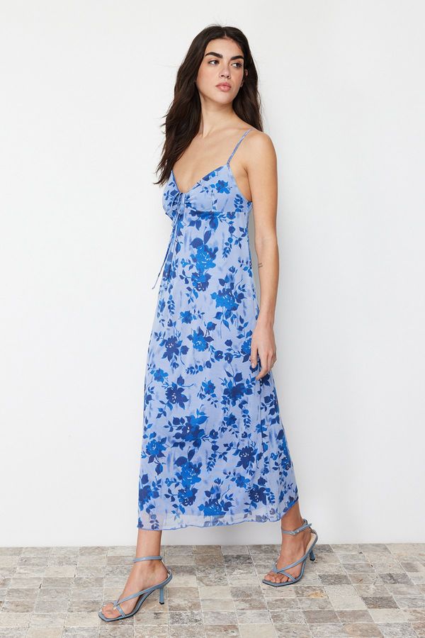 Trendyol Trendyol Blue Floral Pleated Maxi Printed Maxi Length Sweetheart Neck Knitted Dress