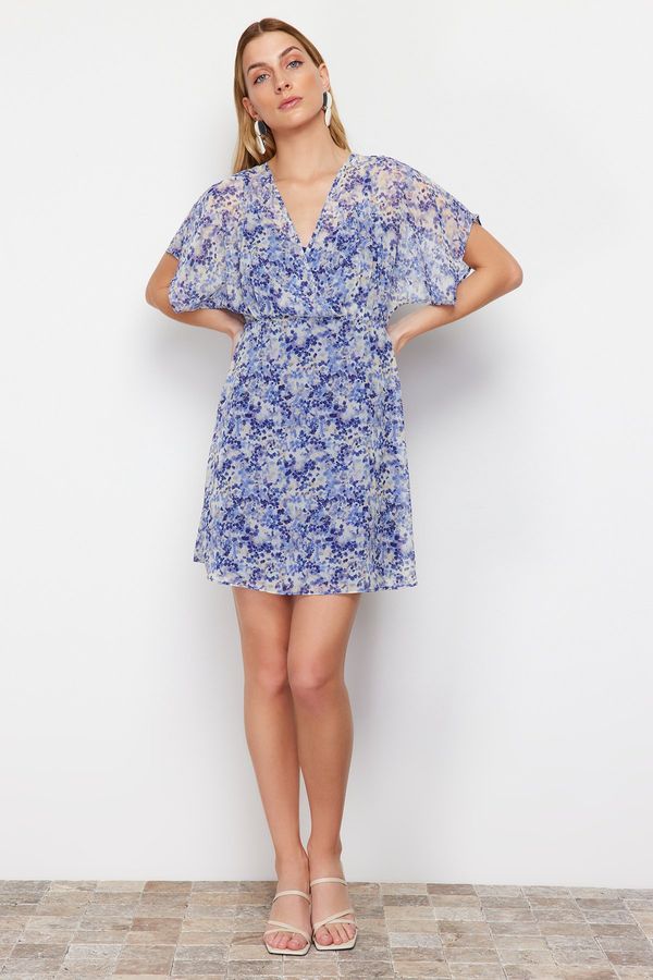 Trendyol Trendyol Blue Floral Print A-line Double Breasted Collar Lined Chiffon Woven Mini Dress