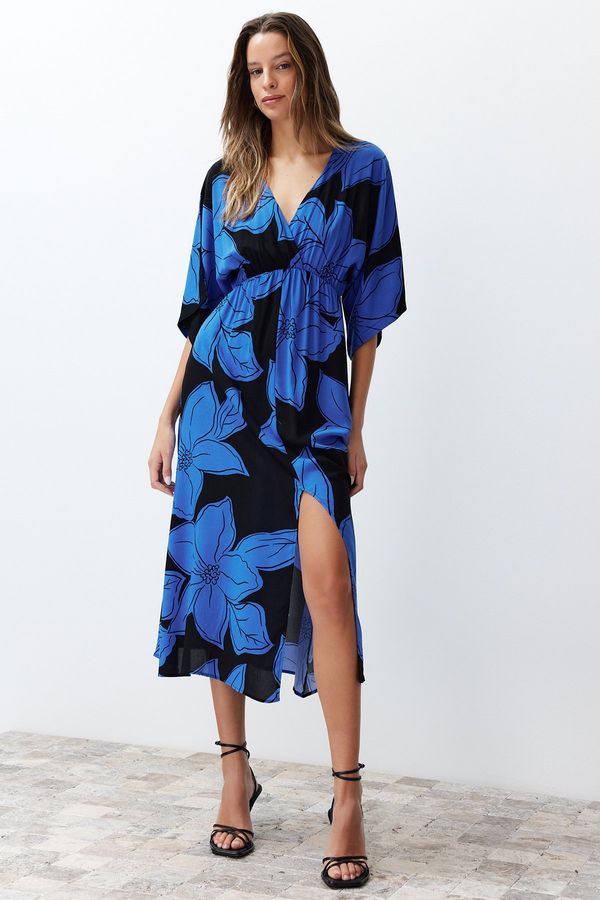 Trendyol Trendyol Blue Floral Print A-line Double-breasted Collar Midi Woven Dress