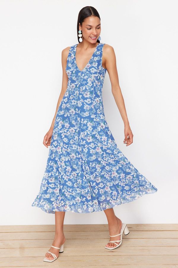 Trendyol Trendyol Blue Floral Printed V-Neck Knitted Dress
