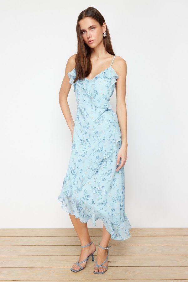 Trendyol Trendyol Blue Floral Ruffle A-line Chiffon Lined Maxi Woven Dress