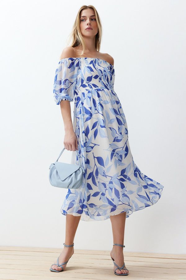 Trendyol Trendyol Blue Floral Skater Chiffon Maxi Woven Dress