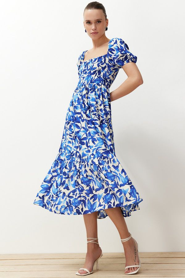 Trendyol Trendyol Blue Floral Skater Gown Neck Detailed Shally Midi Woven Dress