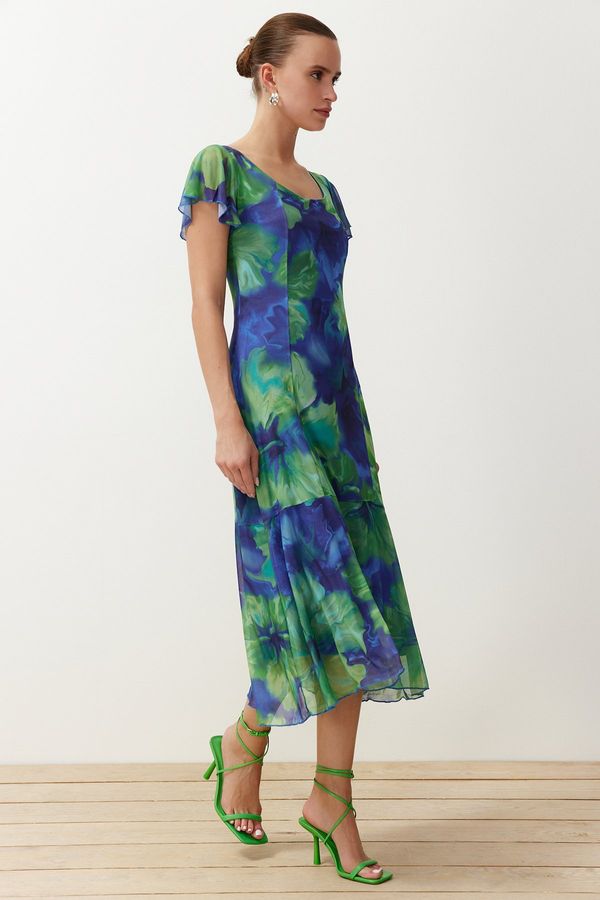 Trendyol Trendyol Blue Floral Square Neck Midi A-Line/A-Line Knitted Midi Dress