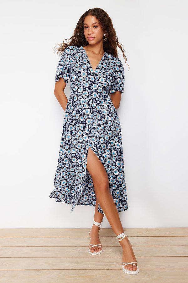 Trendyol Trendyol Blue Floral V Neck Midi Woven Shirt Dress