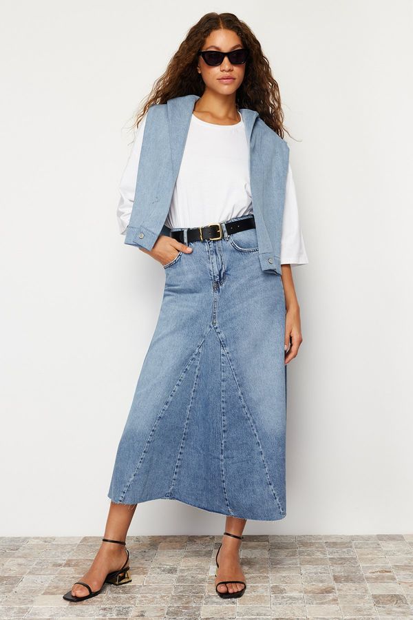 Trendyol Trendyol Blue Flounce Stitch Detail High Waist Maxi Denim Skirt