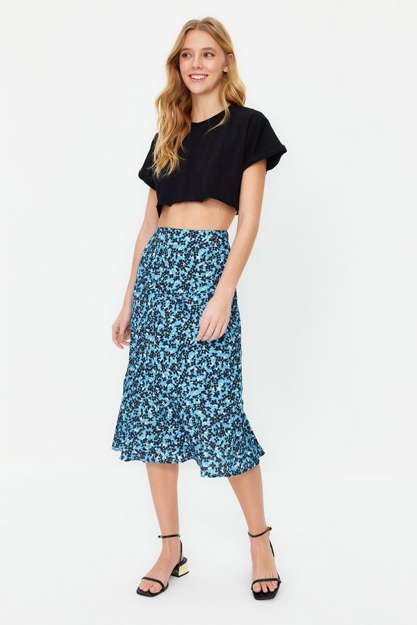 Trendyol Trendyol Blue Flounce Viscose Fabric Animal Pattern Midi Woven Skirt