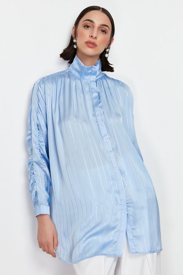 Trendyol Trendyol Blue Glitter Striped Sleeve Gathered Woven Shirt