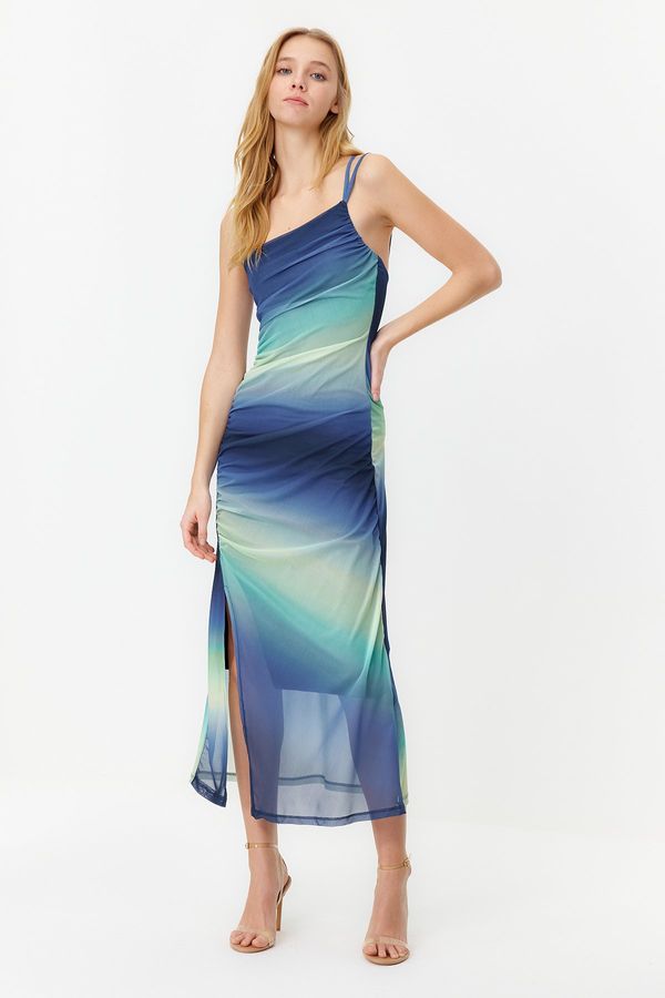 Trendyol Trendyol Blue Gradient Gradient Fitted Gathered Maxi Flexible Knitted Pencil Dress