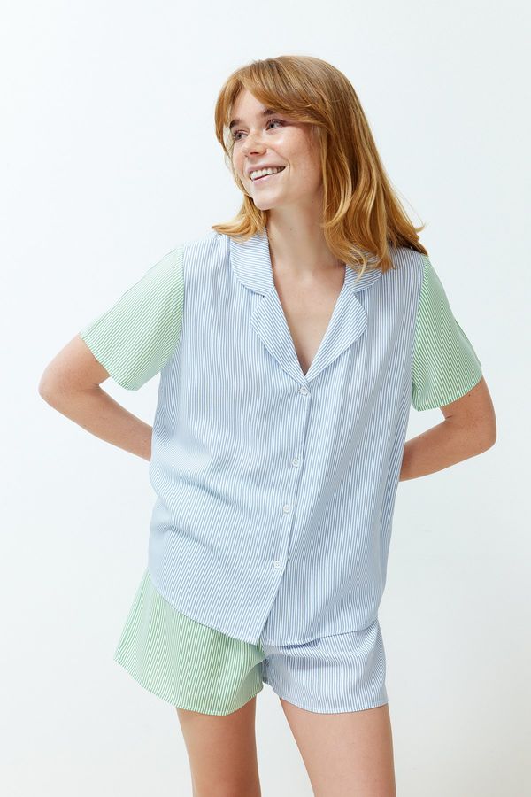 Trendyol Trendyol Blue-Green 2-Color Striped Viscose Woven Pajamas Set