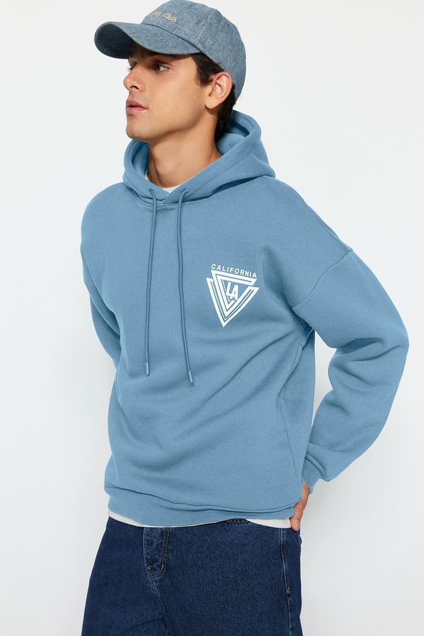 Trendyol Trendyol Blue Hooded Oversize/Wide Cut College Printed Cotton Fleece Sweatshirt