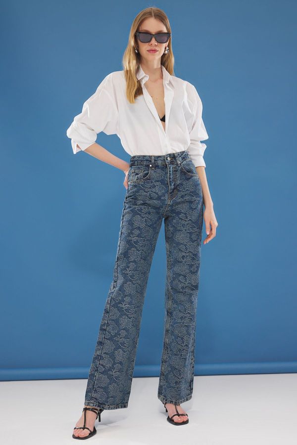 Trendyol Trendyol Blue Jacquard High Waist Wide Leg Jeans