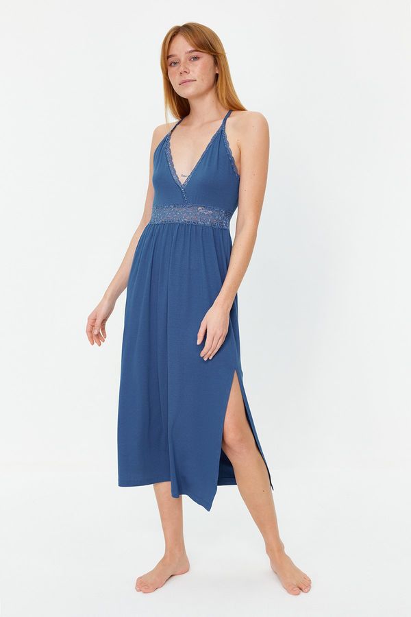Trendyol Trendyol Blue Lace and Back Detailed Slit Knitted Nightgown