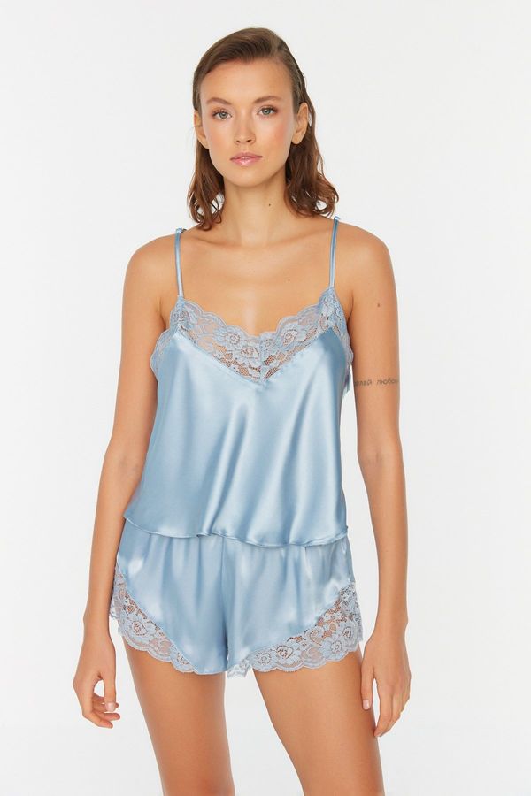 Trendyol Trendyol Blue Lace Detailed Satin Undershirt-Shorts Woven Pajamas Set