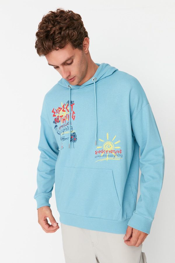 Trendyol Trendyol Blue Men's Oversize/Wide-Cut Hoodie Printed Sweatshirt