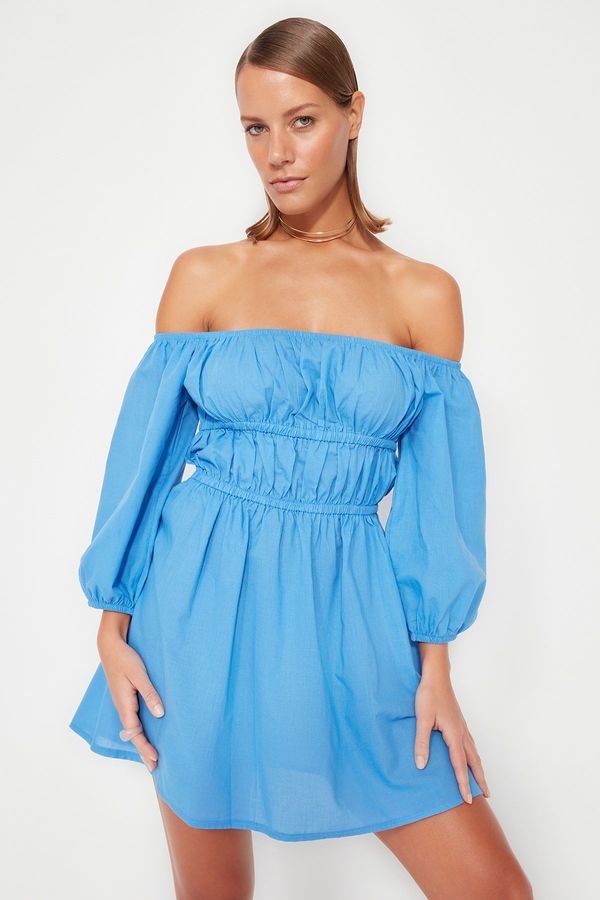 Trendyol Trendyol Blue Mini Weave Pleated 100% Cotton Beach Dress