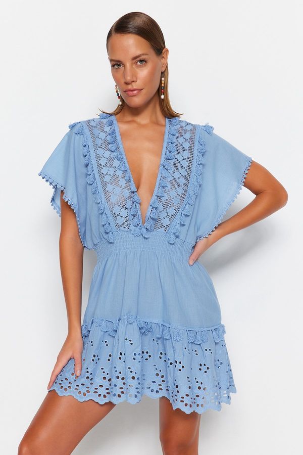 Trendyol Trendyol Blue Mini Woven Embroidery 100% Cotton Beach Dress