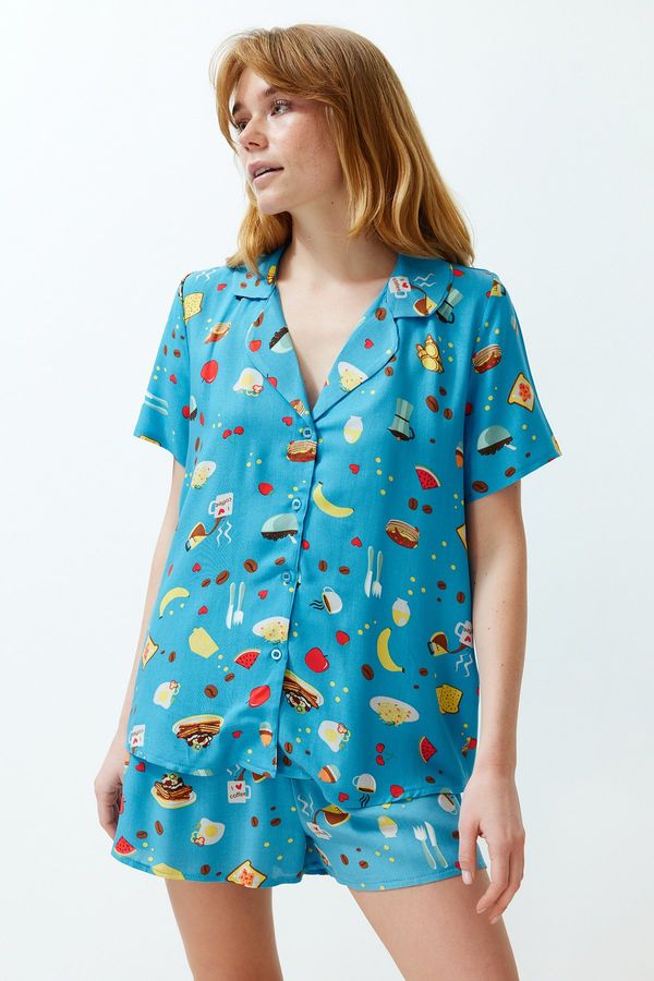 Trendyol Trendyol Blue-Multi Color Kitchen Patterned Woven Pajamas Set