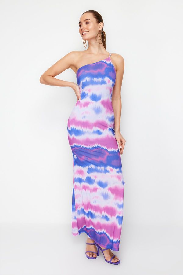 Trendyol Trendyol Blue-Multicolor Gradient Patterned One-Shoulder Long Evening Evening Dress