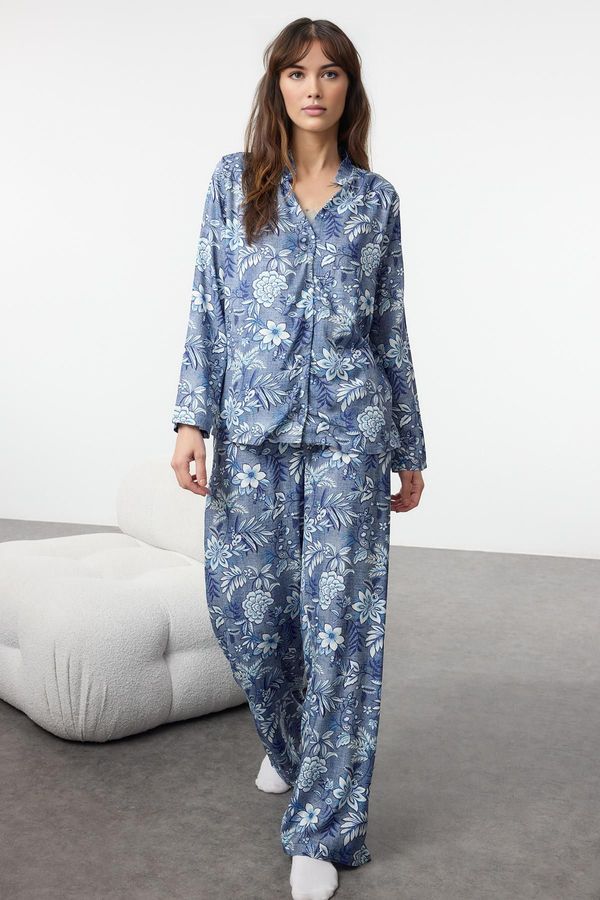 Trendyol Trendyol Blue-Multicolored Floral Viscose Woven Pajama Set