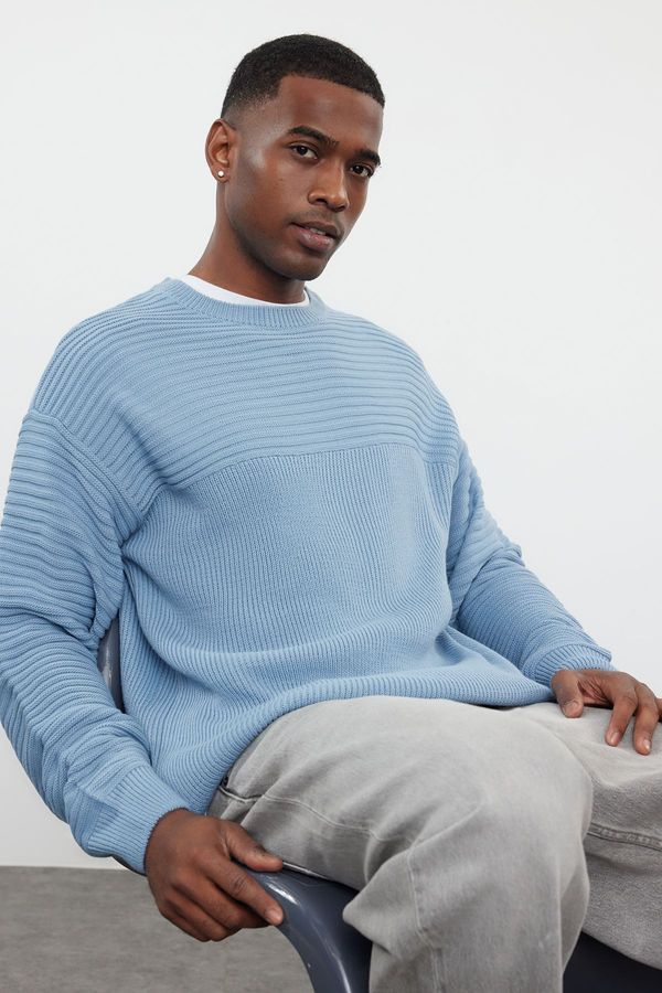 Trendyol Trendyol Blue Oversize Crew Neck Plain Knitwear Sweater