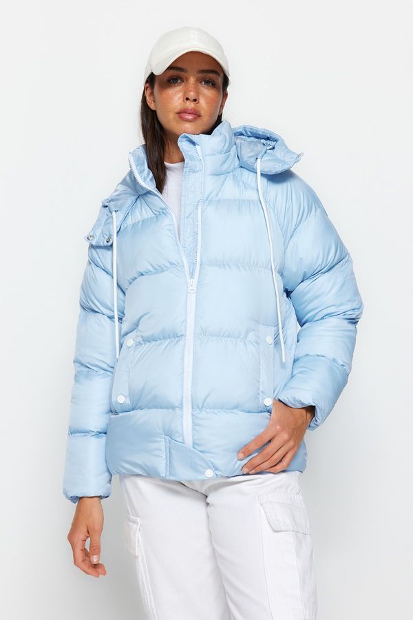 Trendyol Trendyol Blue Oversize Hooded Water Repellent Inflatable Coat