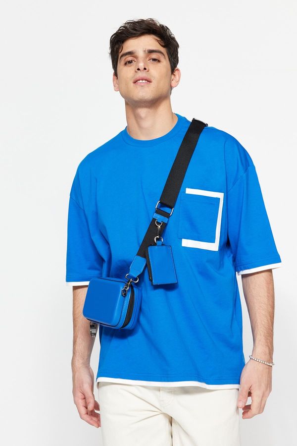 Trendyol Trendyol Blue Oversize Pocket Color Block 100% Cotton T-Shirt