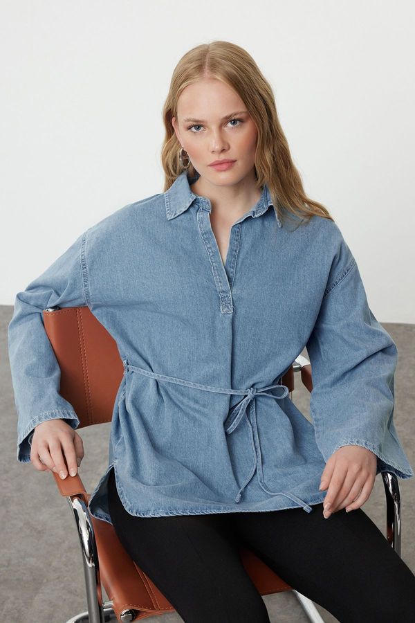 Trendyol Trendyol Blue Oversize Tie-Up Denim Shirt