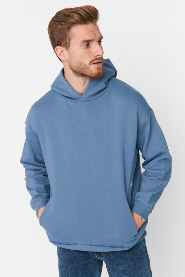 Trendyol Trendyol Blue Oversize/Wide Cut Hooded Sweatshirt with Tiny Embroidery Details