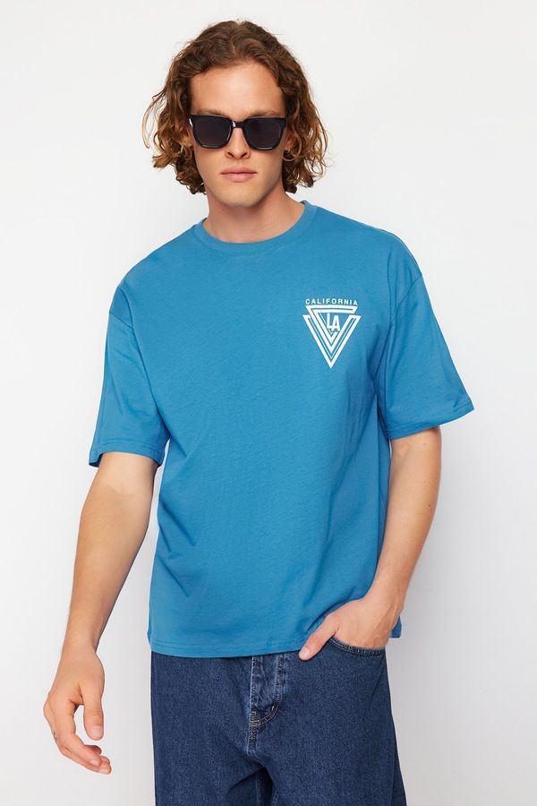 Trendyol Trendyol Blue Oversize/Wide-Fit Crew Neck City Printed 100% Cotton T-Shir