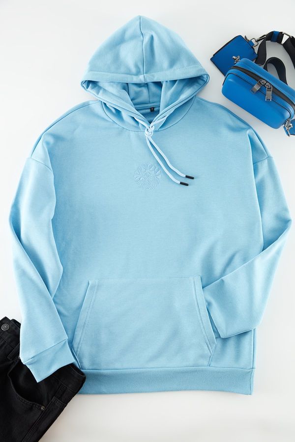 Trendyol Trendyol Blue Oversize/Wide-Fit Hooded Floral Embroidery Sweatshirt