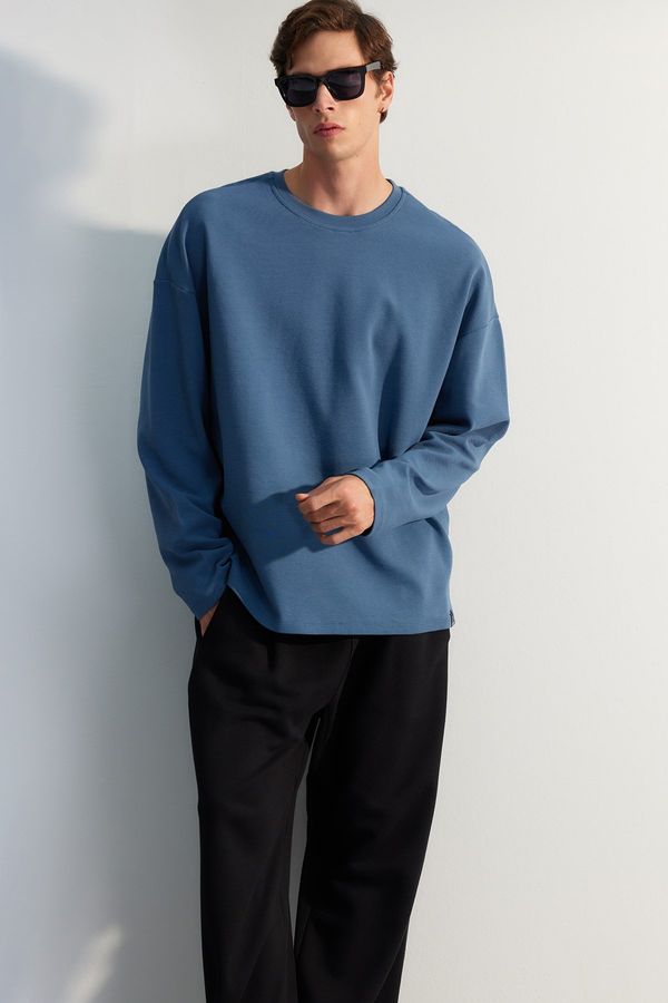Trendyol Trendyol Blue Oversize/Wide-Fit Limited Edition 100% Cotton Sweatshirt with Textured Label