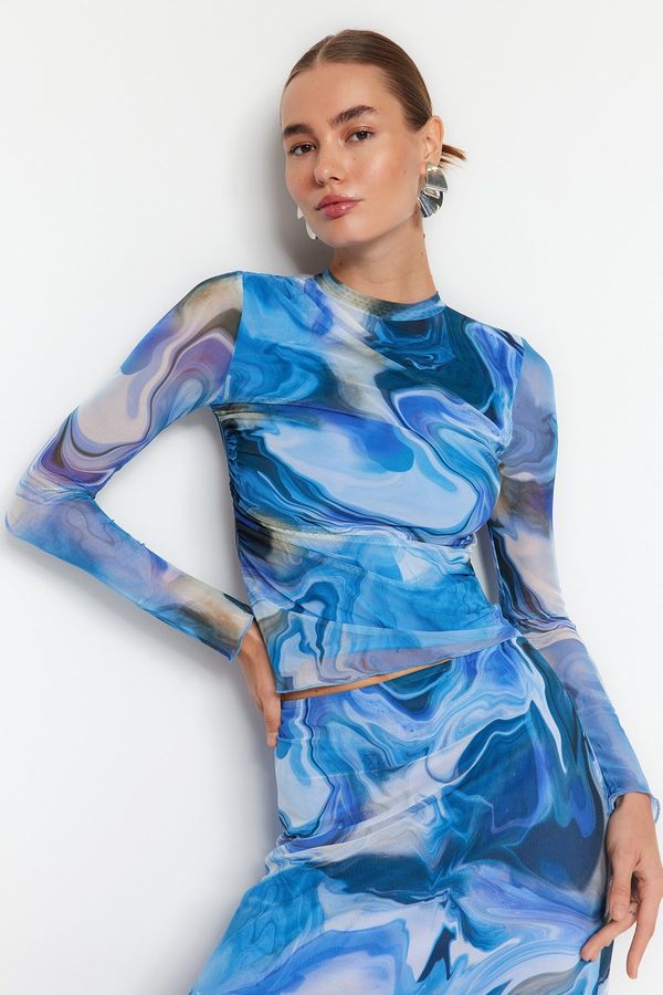 Trendyol Trendyol Blue Patterned Draped Sheer Backless Fitted/Situated Tulle Knitted Blouse