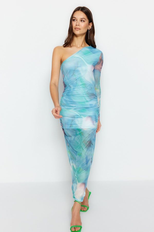 Trendyol Trendyol Blue Patterned Draped Tulle Dress