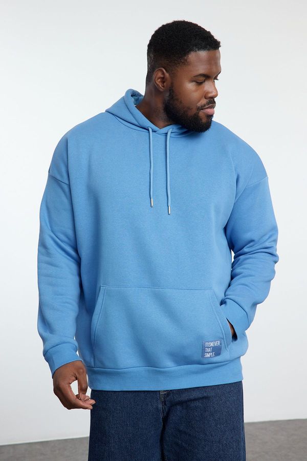 Trendyol Trendyol Blue Plus Size Basic Comfortable Hooded Labeled Polar Fleece Inside Cotton Sweatshirt