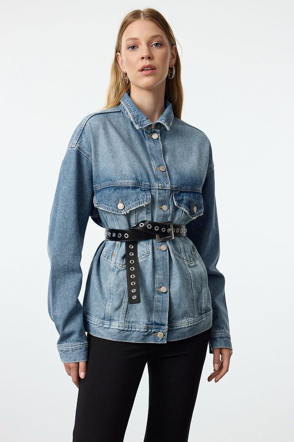 Trendyol Trendyol Blue Pocket Detailed Oversize Denim Jacket