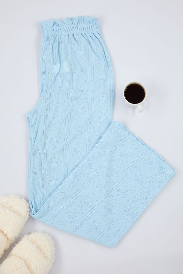 Trendyol Trendyol Blue Pointel Openwork/Hole Detailed Pocketed Ribbed Knitted Pajama Bottoms