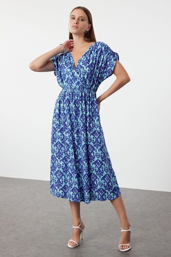 Trendyol Trendyol Blue Printed A-Line Double Breasted Collar Woven Dress Woven Dress