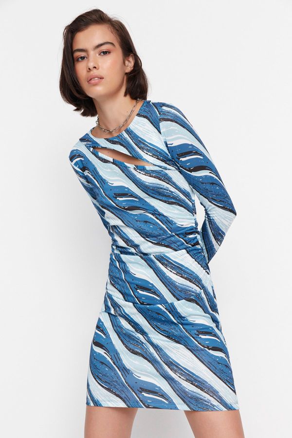 Trendyol Trendyol Blue Printed Bodycon Mini Knitted Dress