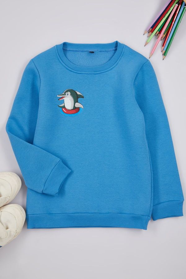 Trendyol Trendyol Blue Printed Cotton Knitted Sweatshirt