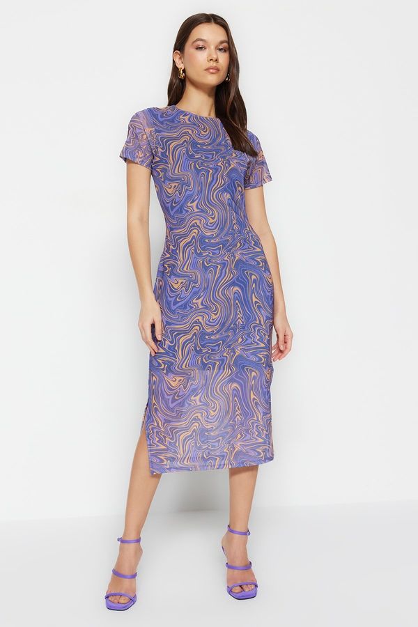 Trendyol Trendyol Blue Printed Midi Tulle Dress