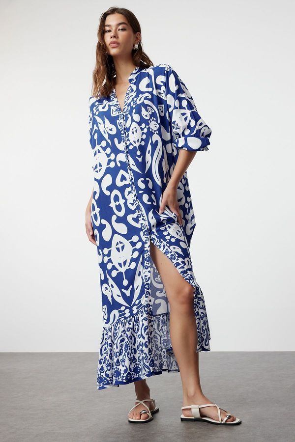 Trendyol Trendyol Blue Printed Midi Wide Neck Border Pattern Detailed Woven Dress Woven Dress