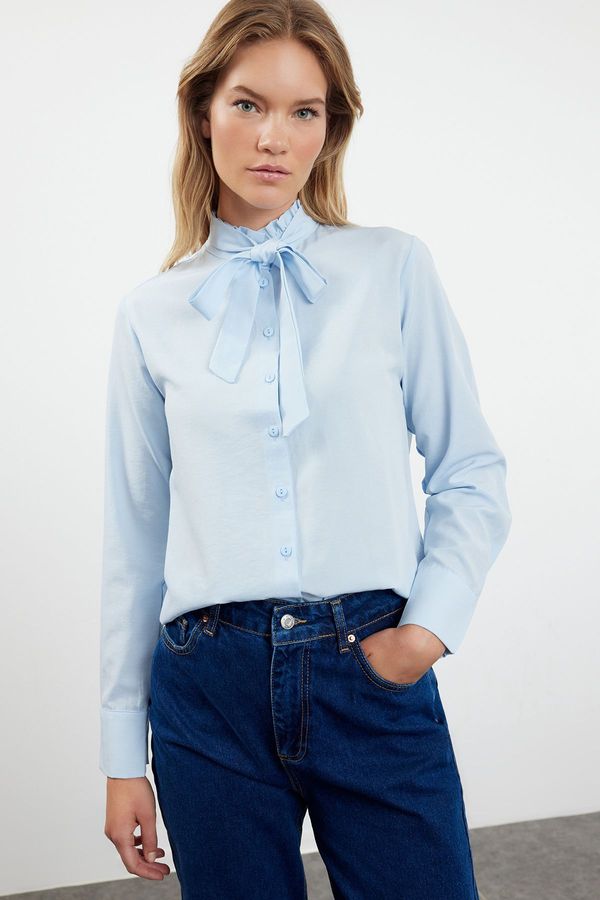 Trendyol Trendyol Blue Regular Fit Woven Shirt with Closed Collar Ruffle Detail