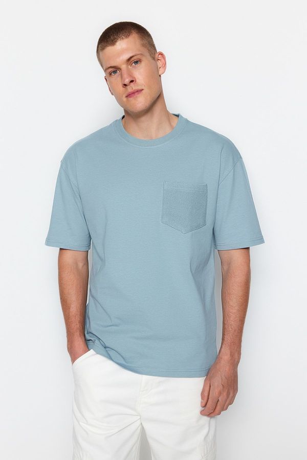 Trendyol Trendyol Blue Relaxed/Comfort Fit Short Sleeve Textured 100% Cotton T-Shirt with Pocket