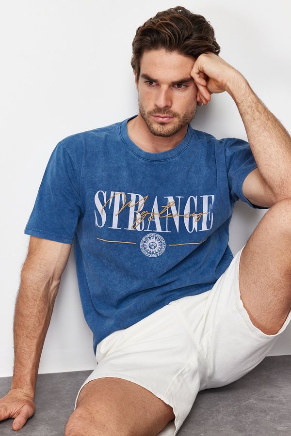Trendyol Trendyol Blue Relaxed/Comfortable Cut Faded Text Printed Embroidered 100% Cotton T-Shirt