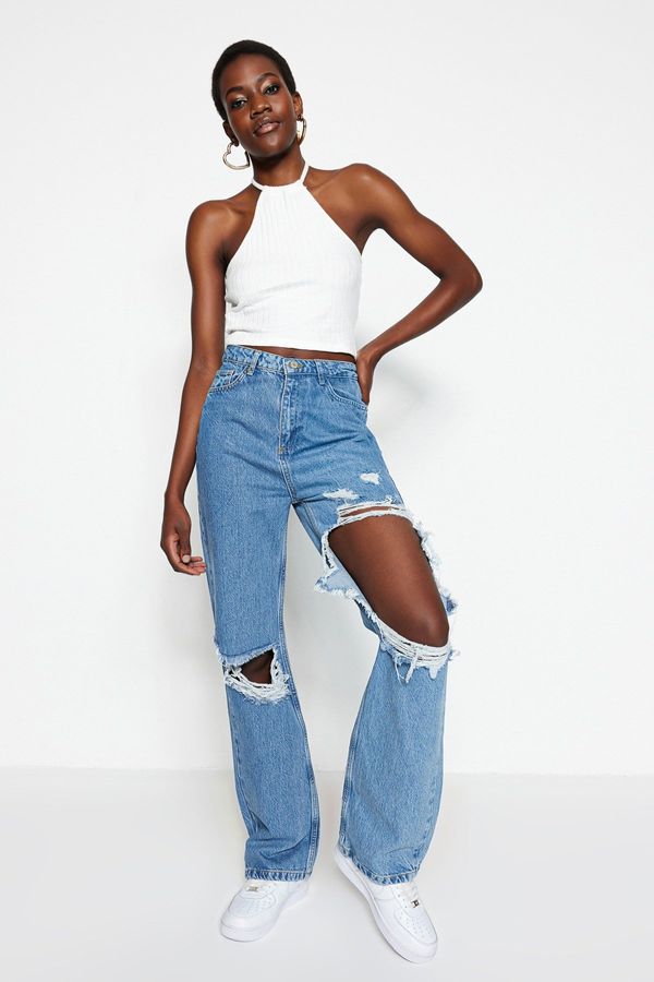 Trendyol Trendyol Blue Ripped Detail High Waist Wide Leg Jeans