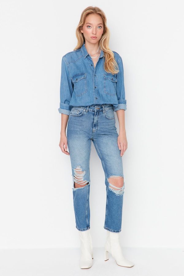 Trendyol Trendyol Blue Ripped Detailed High Waist Straight Jeans