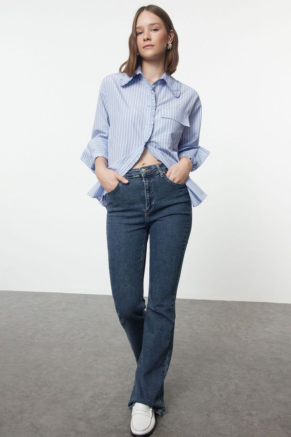 Trendyol Trendyol Blue Ruffle Detailed Sleeve Cuff Long Oversize Woven Wide Pattern Shirt